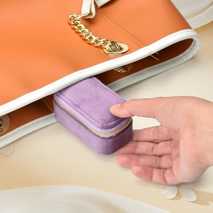 Small Travel Jewelry Case, Mini Tiny Plush Velvet Jewelry Box for Women and Girls, Pocket Size Jewelry holder organizer for Rings Earrings and Small Items(Lavender)
