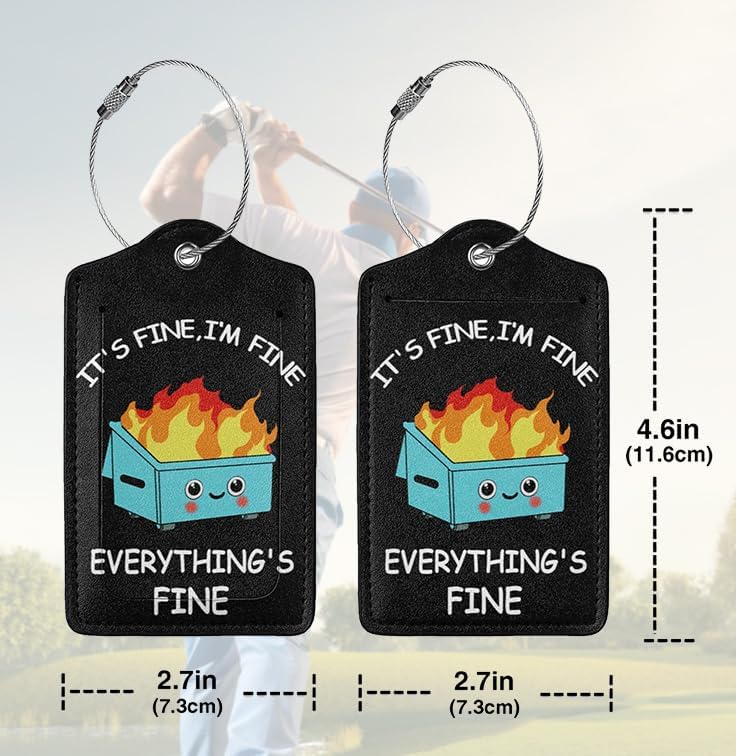 2 Pack Luggage Tags for suitcases Funny Cute Black Trash on fire I'm Fine It's Fine Luggage Tag, Leather Stainless Steel Loop Label Tag for Men Women Travel Bag Suitcase(Trash on fire)