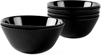 30 OZ Max Cereal Soup Bowl Set of 6, Opal Glass 7.2 inch Black Ribbed Bowls for Ramen, Noodle, Salad, Fruit, Dishwasher and Microwave Safe