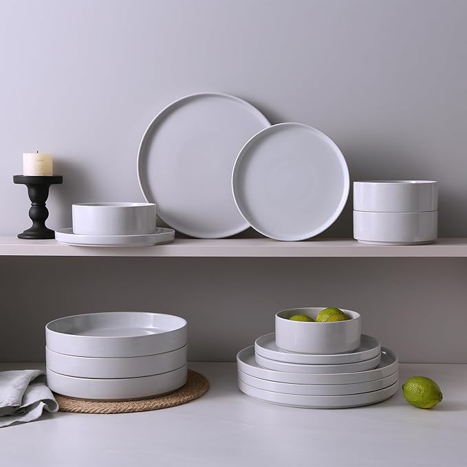 Famiware Nebula Dinnerware Set with Pasta Bowls, Service for 4 (16pcs), Fine Stoneware Plates and Bowls Sets, Microwave and Dishwasher Safe Dishes Set, Light Gray