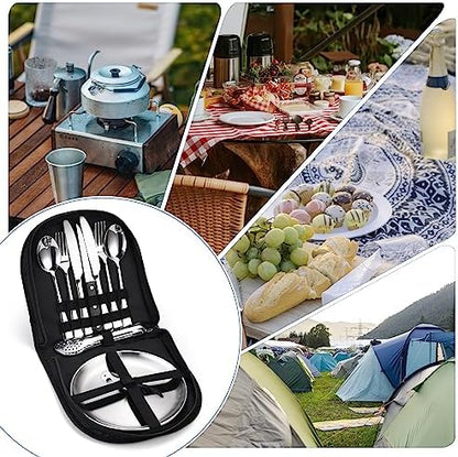 Camping Silverware Kit Cutlery Organizer Utensil Picnic Set Stainless Steel Plate Spoon Clip and Serrated Knife Wine Opener Fork Napkin Hiking - Camp Kitchen BBQ’s