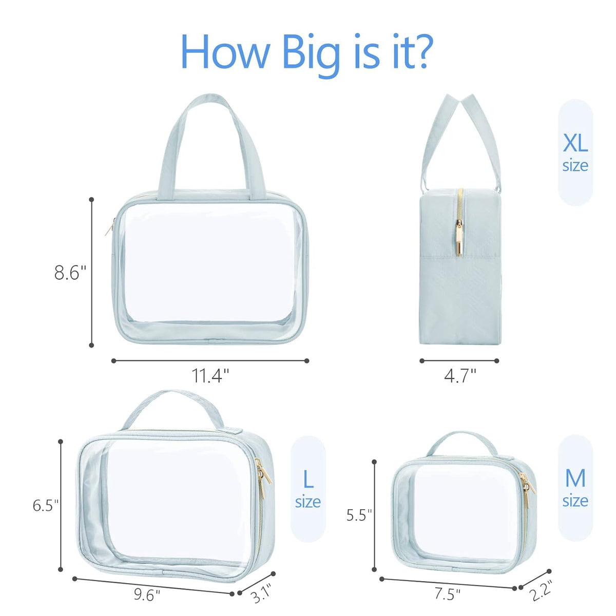 PACKISM Clear Toiletry Bags - 3 Pack Makeup Bags with Handle, Large Opening, Waterproof Cosmetic Bags for Travel Essentials, Grayish Blue