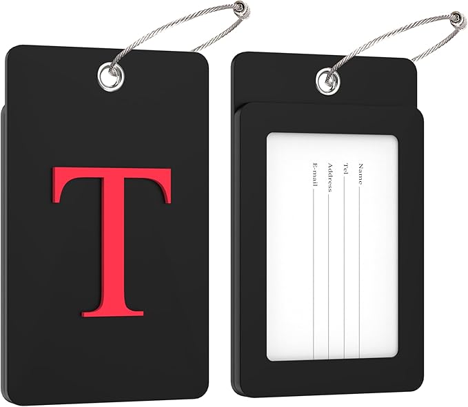Gostwo 2 Pack Luggage Tags for Suitcases, 26 Initial Letter Travel Luggage Baggage Identification Labels ID Tag Fully Bendable Tags with Stainless Steel Loop (Black) (Letter T)