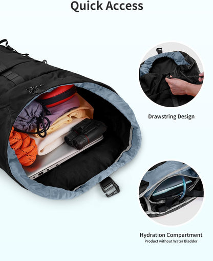 Blue Quartz Hiking Backpack 30L Lightweight Packable Backpack for Travel, Water Resistant Foldable Daypack for Women Men, Black