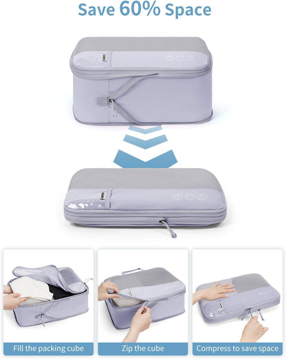 WANDF 7 Set Compression Packing Cubes for Travel, Shirt Folder for Wrinkle-Free, Suitcase Organizer Bags Set for Carry-On Checked Luggage Duffle Bag Women Men(Gray-blue)