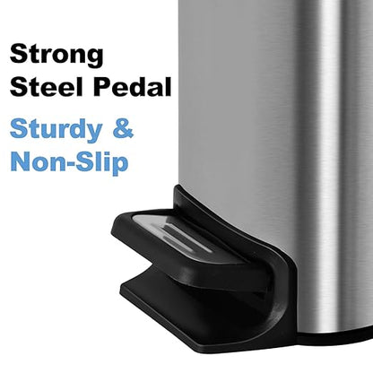 TrashAid Small Bathroom Trash Can with Lid Soft Close, 6 Liter / 1.6 Gallon Stainless Steel Garbage Can Narrow with Removable Inner Bucket, Step Pedal (Silver)