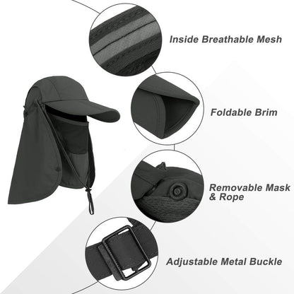 Foldable Sun Cap, Fishing Hats, UPF 50+ Protection Caps with Face Mask Neck Flap