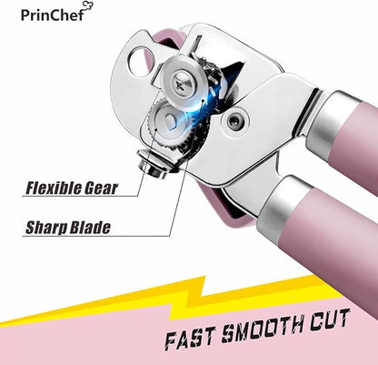 PrinChef Can Opener Manual, Can Tin Bottle Opener with Magnet - No-Trouble-Lid-Lift, Handheld Can Opener Smooth Edge with Sharp Blade, Heavy Duty and Easy to Use, for Seniors with Arthritis, Pink