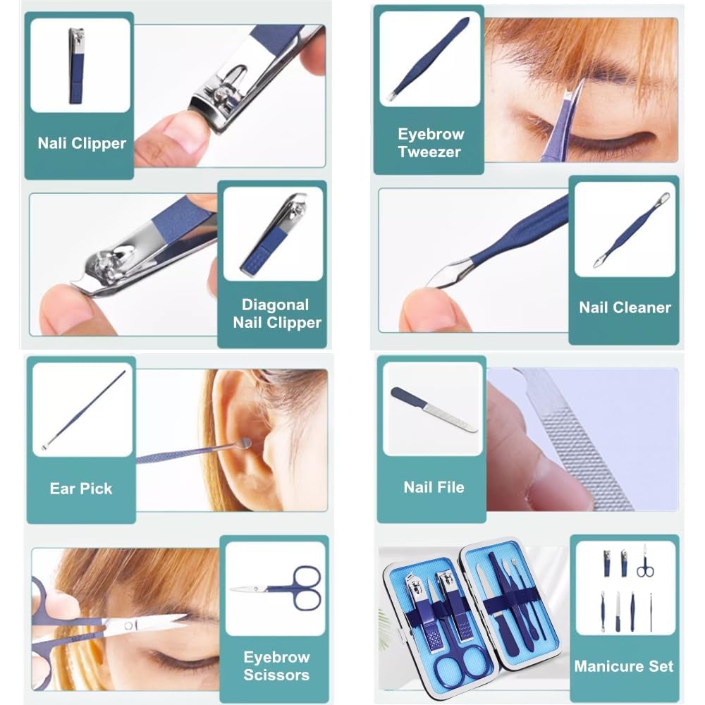 7pcs Manicure Set, Nail Clippers Kit, Stainless Steel Manicure Kit, Nail Clipping Tools Portable Travel Grooming Kit, The Best Gift with Luxurious Case (Blue)