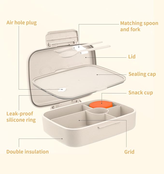 Bento Lunch Box, 5 Compartments Lunch Container for Kids/Adults with Snack cup, Wheat Fiber Eco-Friendly Double Insulated Boxes, Dishwasher and Microwave Safe, BPA-Free (White)