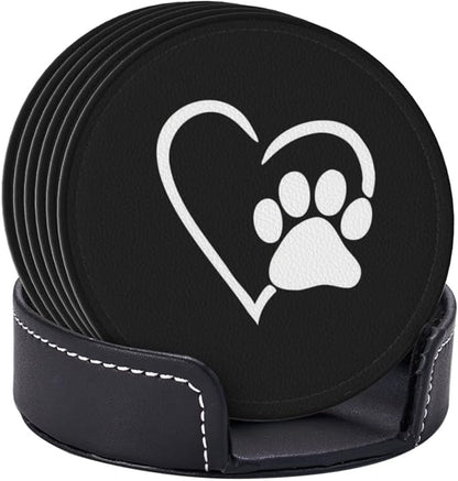 6 Pcs Dog Pet Paws Love Heart Leather Coasters