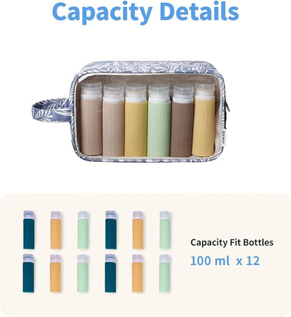 Narwey Clear Toiletry Bags for Traveling Women Men, Clear Travel Bags for Toiletries Makeup Bag Cosmetic Bag with Zipper, Make Up Organizer, Skincare Bag (Blue Leaf)