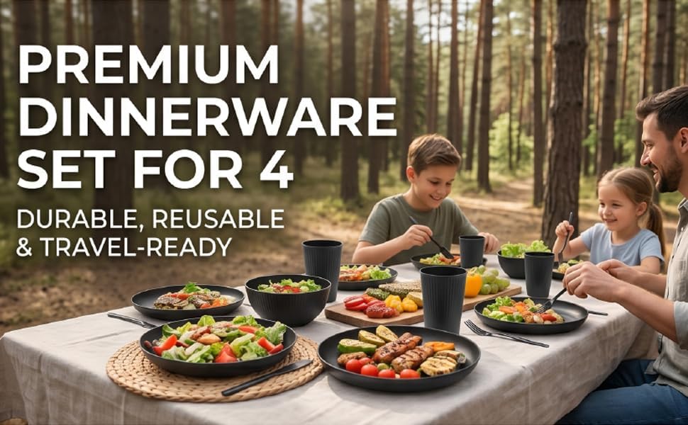 4 Person Dinnerware Set with Cutlery Reusable Plates Bowls for Camping Travel Picnic Dishwasher Microwave Safe Outdoor Tableware Service 4