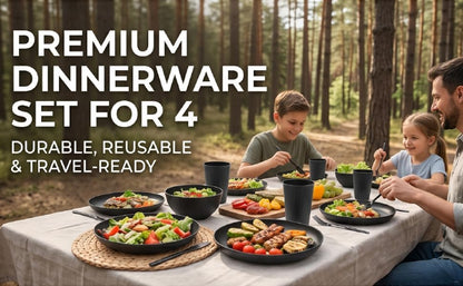 4 Person Dinnerware Set with Cutlery Reusable Plates Bowls for Camping Travel Picnic Dishwasher Microwave Safe Outdoor Tableware Service 4