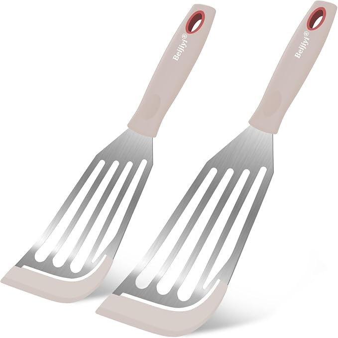 Beijiyi Silicone Fish Spatula Set, 2-Piece Heat Resistant Fish Turner Spatula for Non Stick Frying Pan, Flexible Kitchen Cooking Utensils, Slotted Egg Flipper, Large 12.3 In, Small 10.6 In, Khaki