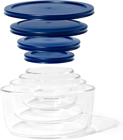DURA LIVING 8-Piece Glass Food Storage Containers Set (4 Containers + 4 Lids) | Round, Nesting, Microwave & Dishwasher Safe | BPA-Free, Space-Saving | Blue Lids for Pantry & Kitchen Organization