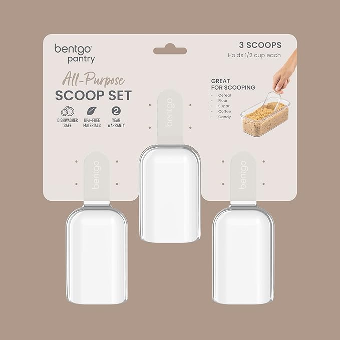 Bentgo Pantry - 3-Piece All Purpose Scoop Set, 1/2 Cup (4 oz) Spoon, Clear & Lightweight, Ideal for Scooping Flour, Sugar, Coffee, Candy, & More for Kitchen and Pantry Containers (Clear)