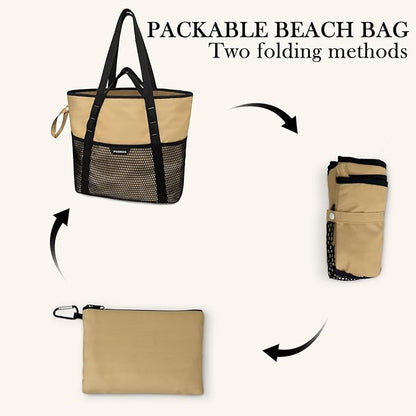 Beach Bag with Zipper - 8 Pockets Sandproof Beach Tote Bag for Women,Foldable Lightweight Family Swim Bag Vacation