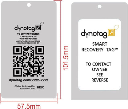Dynotag® Web Enabled Smart Aluminum Convertible Luggage ID Tag + Braided Steel Loop, with DynoIQ™ & Lifetime Recovery Service (Cool Silver)