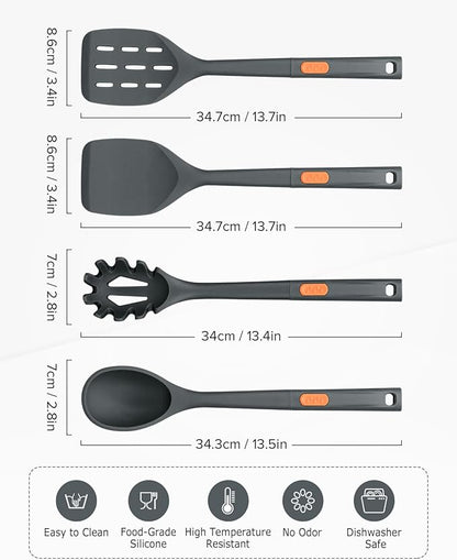 Silicone Spatulas and Spaghetti Spoons, 4 Pack Heat Resistant Full Silicone Cooking Utensils Set, Non Stick Large Kitchen Spatula Spoons for Cooking, Mixing, Serving, Draining