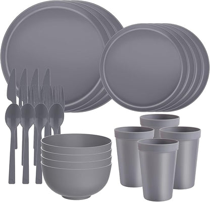 20 Piece RV & Camping Dinnerware Set, Elegant Ceramic-Look Large Bowls & Plates, Unbreakable & 100% Microwave Safe, Melamine Alternative Service for 4, Gray