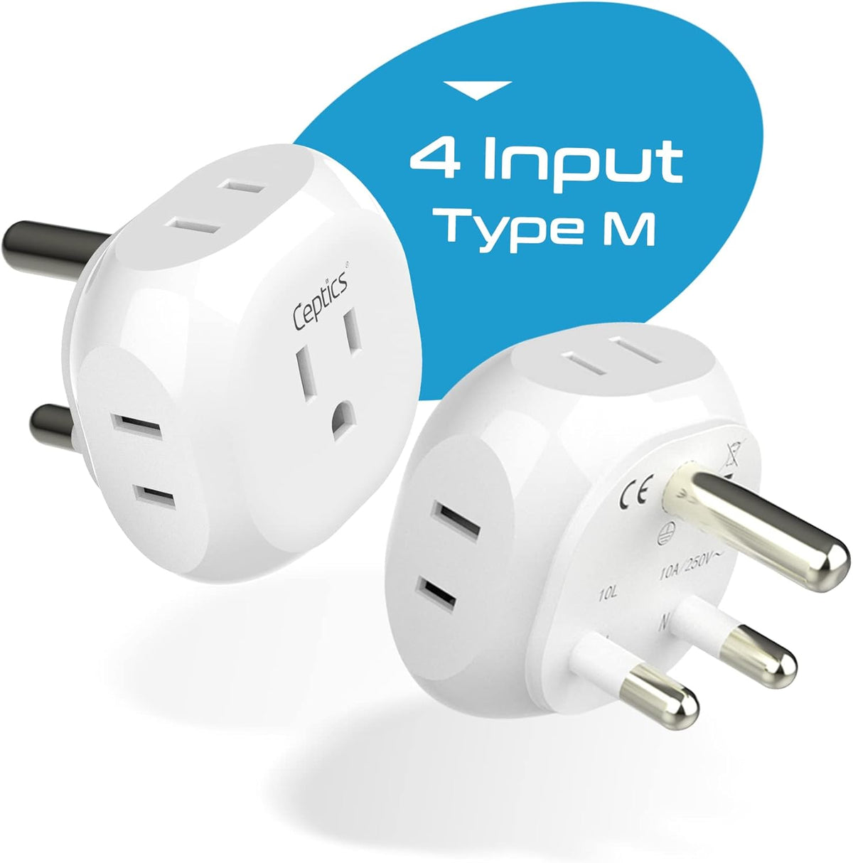 Ceptics South Africa Travel Plug Adapter South Africa Power Adapter Charger 4 Input - USA to Any Type M Countries Such as Botswana, Namibia and More - 2 Pack (PT-10L), White (PT-10L-2PK)