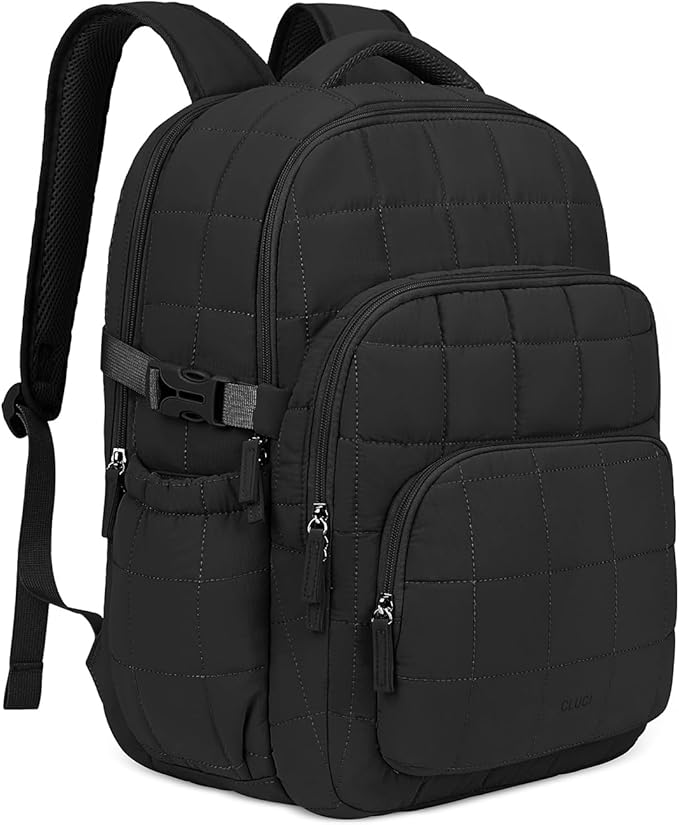 CLUCI 17.3 Inch Laptop Backpack for Women, Anti Theft Travel Backpack, Puffer Quilted Work Backpack, Water Resistant College Bookbag, Carry on backpack with RFID (Black)