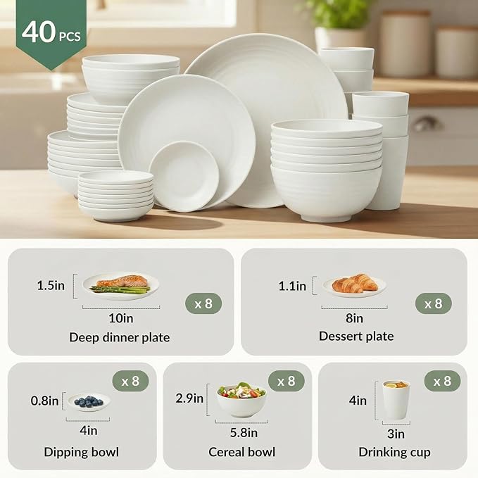 40 PCS Kitchen Dinnerware Sets, Wheat Straw Plates and Bowls Sets, Unbreakable