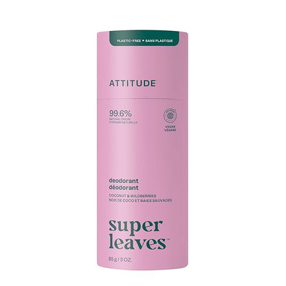 ATTITUDE Plastic-Free Deodorant, EWG Verified, Aluminum Free, Vegan Naturally Sourced Body Deodorants for Women & Men, Dermatologically Tested, White Tea Leaves, 3 Ounces