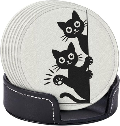 Cute Cats Coasters for Drinks Set of 6, Round Leather Coaster