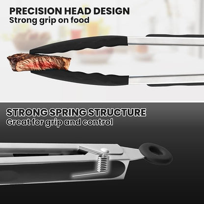 600℉ Heat Resistant Kitchen Tongs for Cooking with Silicone Tips,Maywe Tanso 9-Inch Stainless Steel Locking Cooking Tongs Food Tongs for BBQ,Cooking,Salad and Serving Food,Heavy Duty,Non-Stick(Black)