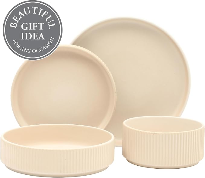 Gibson Elite Deerfield 16-Piece Stoneware Dinnerware Set – Cream White Reactive