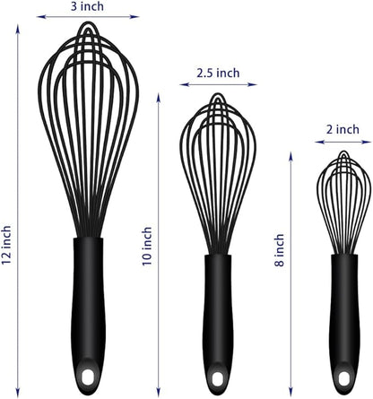 Dishwasher Safe Silicone Whisk, Sealed Waterproof Design Set of 3, Professional Kitchen Whisks for Cooking Non-Scratch, Silicone & Stainless Steel Whisk, Heat Resistant Balloon Egg Beater, Black