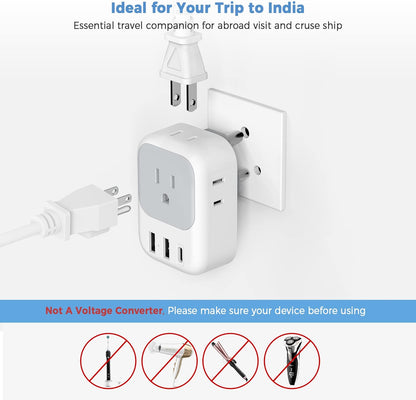 India Plug Adapter 2 Pack, TESSAN Type D Travel Adapter with 4 Outlets 3 USB Charger (1 USB C Port), US to Indian Outlet Adaptor for USA to Bangladesh, India, Kuwait, Maldives