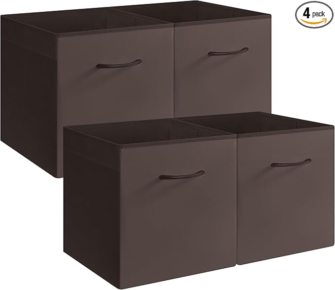 StorageWorks Brown Storage Cubes, 13x13 Storage Cube Bins with Handle, Cube Storage Organizer Bins for Shelves and Closet, Collapsible Storage Bins, 4-Pack