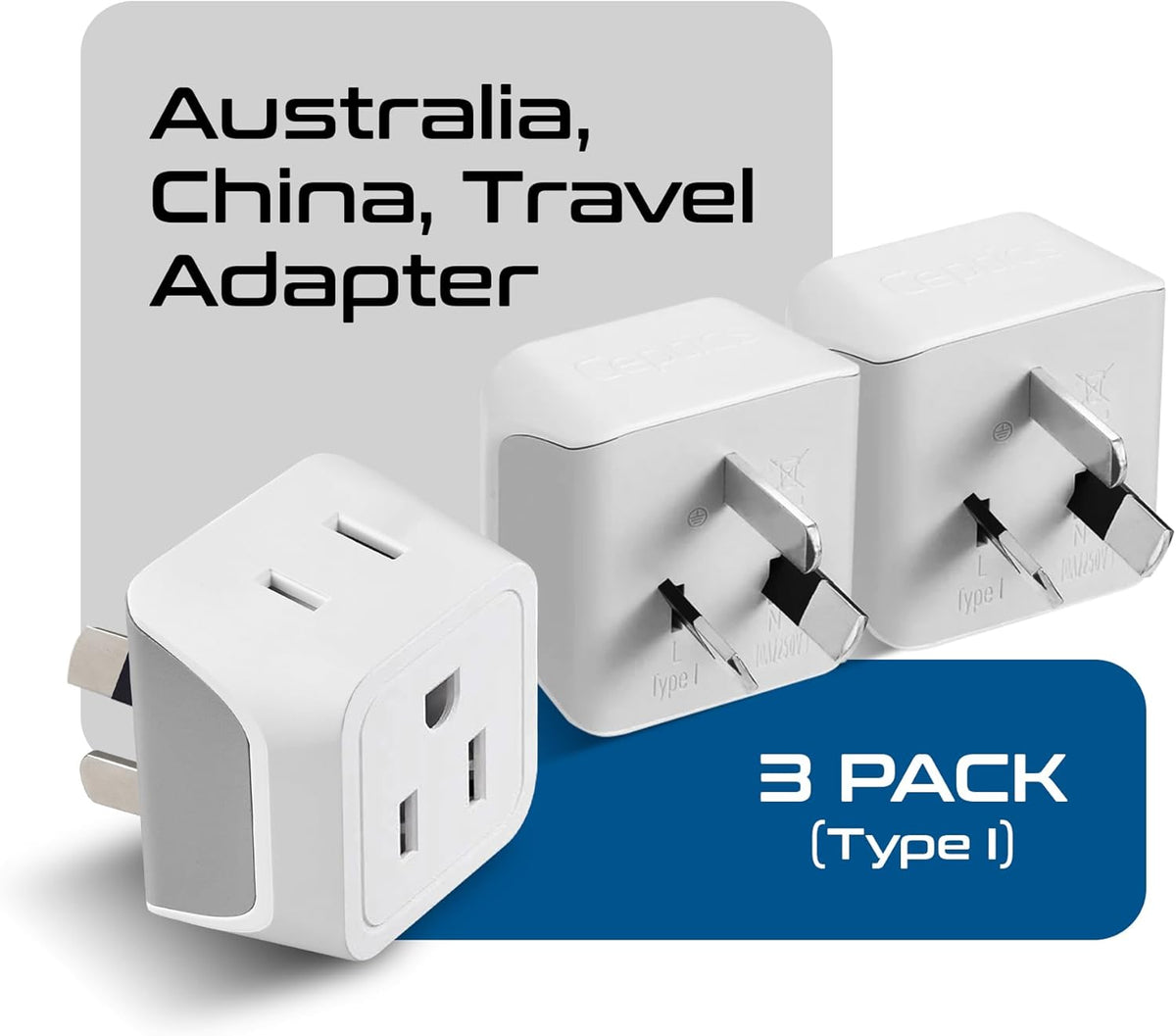 Ceptics Australia Power Plug Adapter, 2 in 1 Type I Plug Adapter, US to Australia , China, New Zealand Power Adapter with Dual USA Inputs, CE, RoHS - 3 Pack