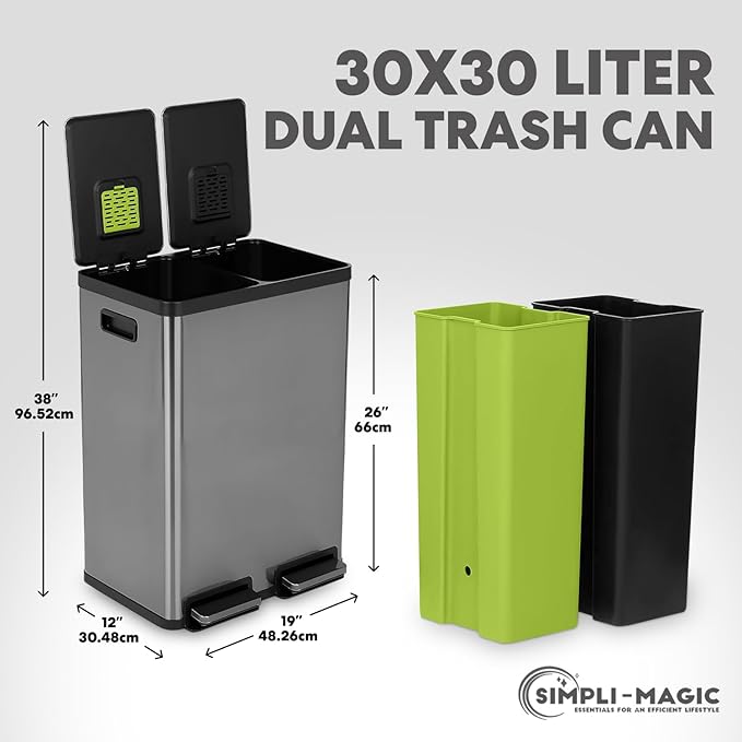SIMPLI-MAGIC 16 Gallon (60L) Elegant Black Step Trash Can – Dual Compartment Kitchen Garbage Can with Waste & Recycling Bins – Slow-Close Lid, Odor Control, Hands-Free, Premium Stainless Steel