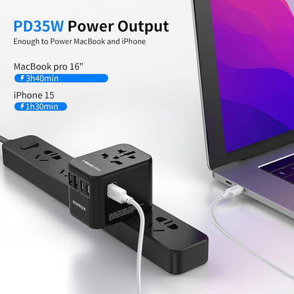 MOMAX Universal Travel Adapter, PD 35W Fast International Power Adapter, 3 USB C & 2 USB A, Worldwide Travel Plug Adapter, International Power Adapter for Europe, USA, Japan, Australia (Type C/A/G/I)