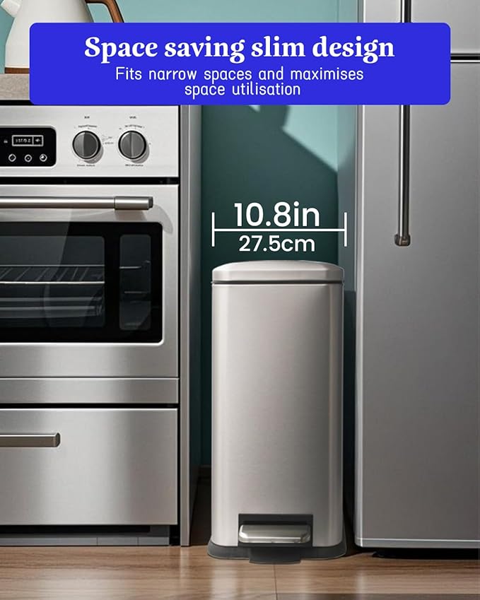 12 Gallon Slim Kitchen Trash Can, Stainless Steel Trash Can with Removal Inner Bucket and Soft-Close Lid, Pedal Garbage Can 45 Liter, Kohler Grey