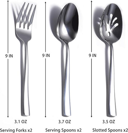 6 Piece Serving Utensils Set, Includes Serving Spoons x 2, Slotted Spoons x 2, Serving Forks x 2, Large Cutlery for Catering Buffet, Mirror Polished, Dishwasher Safe, 9 Inches