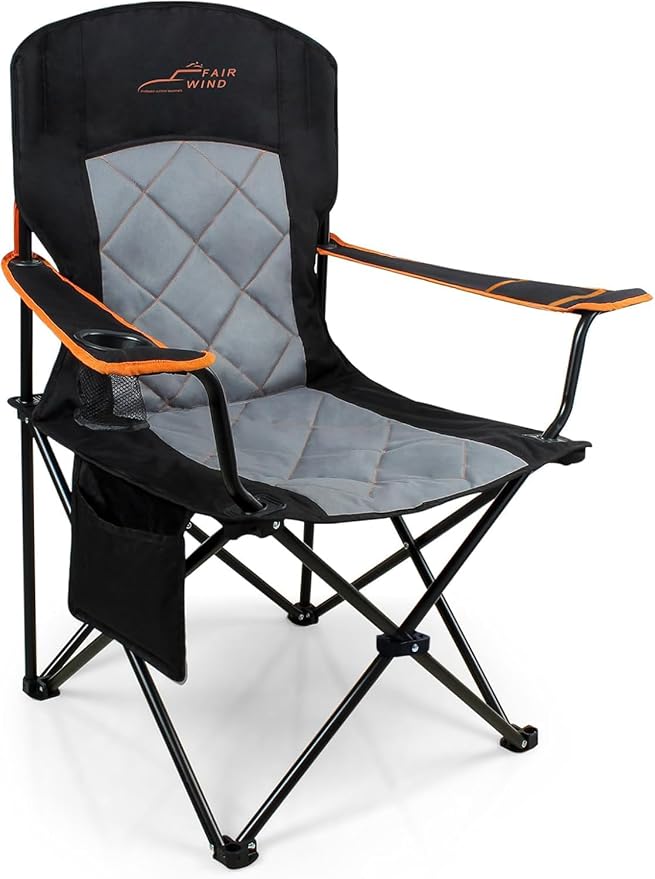 FAIR WIND Oversized Fully Padded Camping Chair, Heavy Duty Quad Fold Chair Arm Chair Support 350 LBS with Cup Holder, Collapsible Lumbar Back Chair Portable for Outdoor, Black