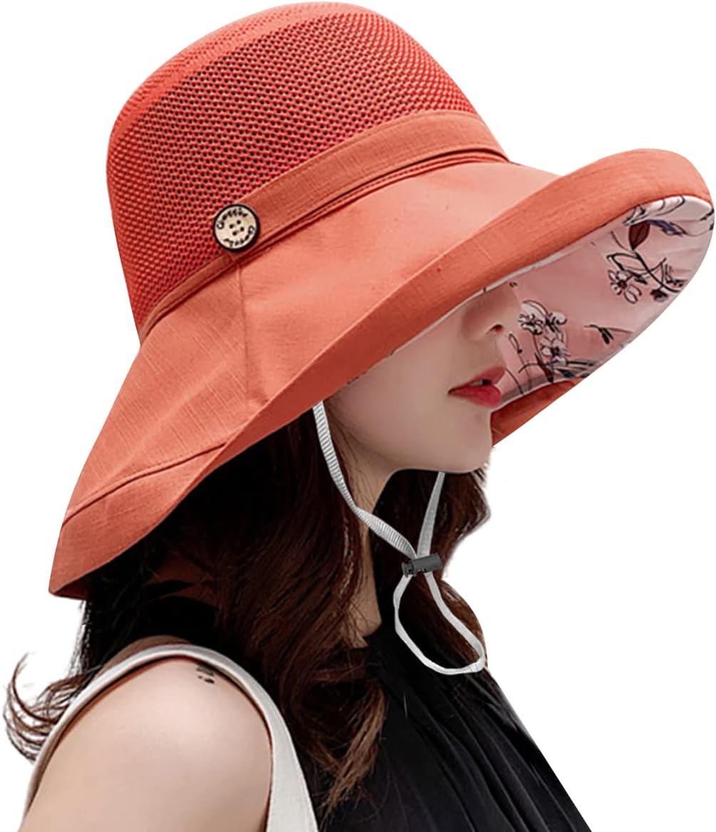 Women Wide Brim Sun Hats Metal Wired Edge Summer UV Protection Beach Fishing Hat for Hiking Garden Travel Chin Strap