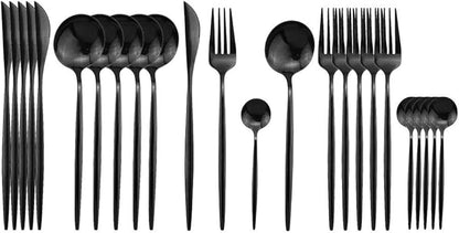 JASHII Black Flatware Serving Set 24 Piece, Stainless Steel Silverware Set, Titanium Black Cutlery, Modern Elegant Tableware for Party, Christmas, Dinner
