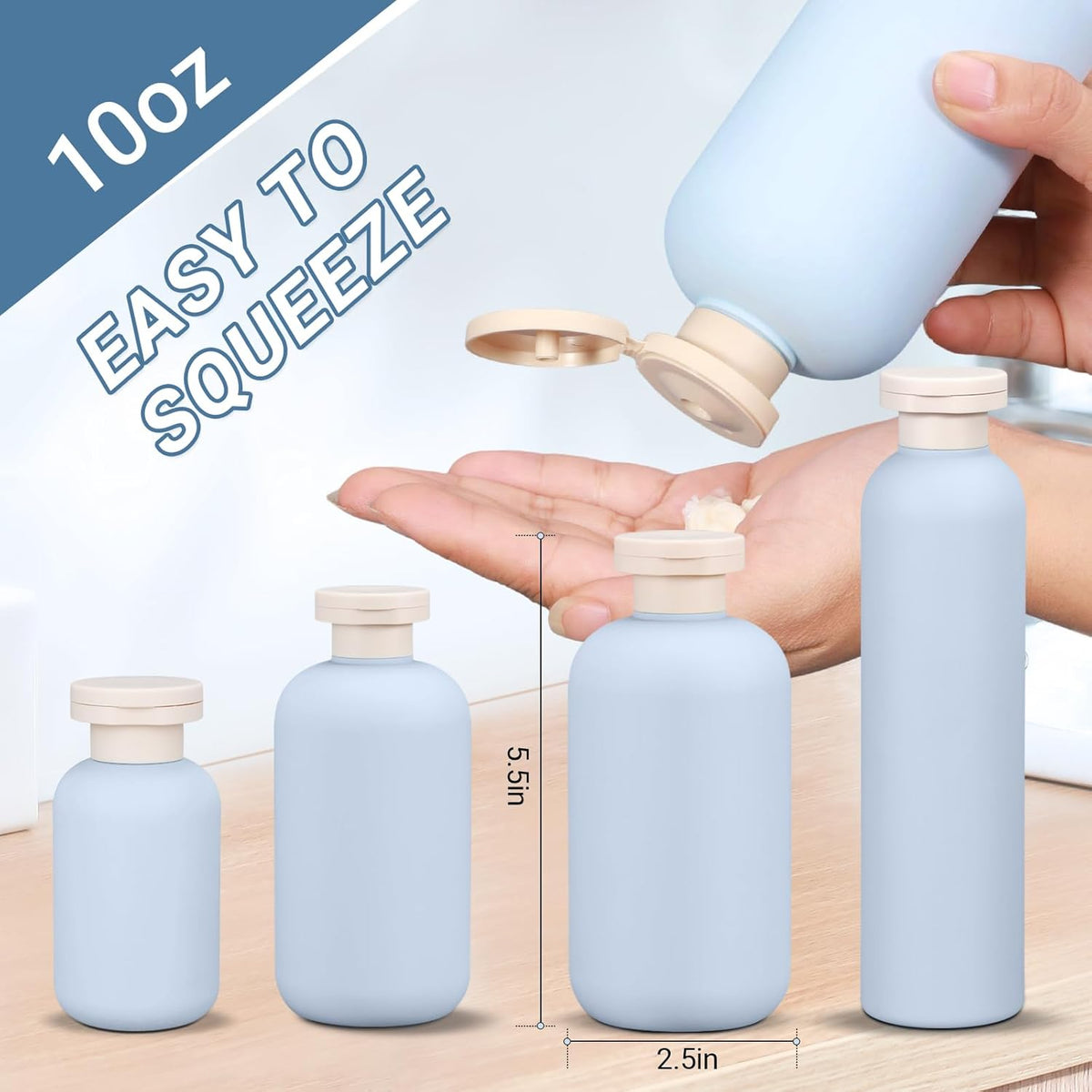 ASEVAT 10oz 4Pcs Plastic Refillable Travel Shampoo & Conditioner Bottles With Flip Cap