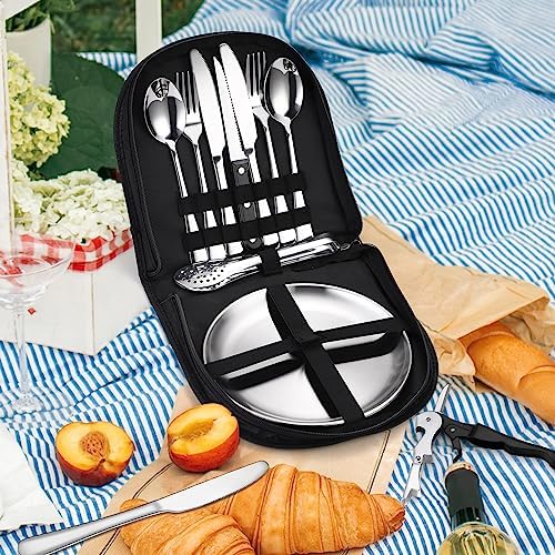 Camping Silverware Kit Cutlery Organizer Utensil Picnic Set Stainless Steel Plate Spoon Clip and Serrated Knife Wine Opener Fork Napkin Hiking - Camp Kitchen BBQ’s