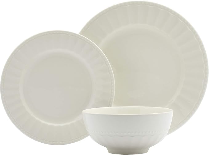 Tabletops Gallery Embossed Bone White Porcelain Round Dinnerware Collection-