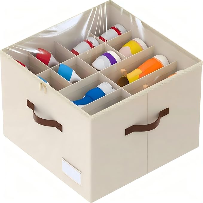 Shoe Organizer for Closet, Foldable Shoe Storage Containers, Fits up to 16 Pairs, Large Shoe Storage Organizer Box Cubby Baskets Bins with Clear Cover and Reinforced Handles, Beige