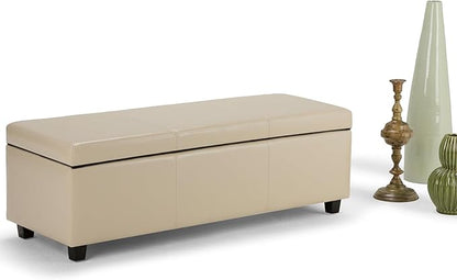 SIMPLIHOME Avalon 48 inch Wide Contemporary Rectangle Storage Ottoman Bench in Satin Cream Vegan Faux Leather, Assembled, for the Living Room, Entryway and Family Room