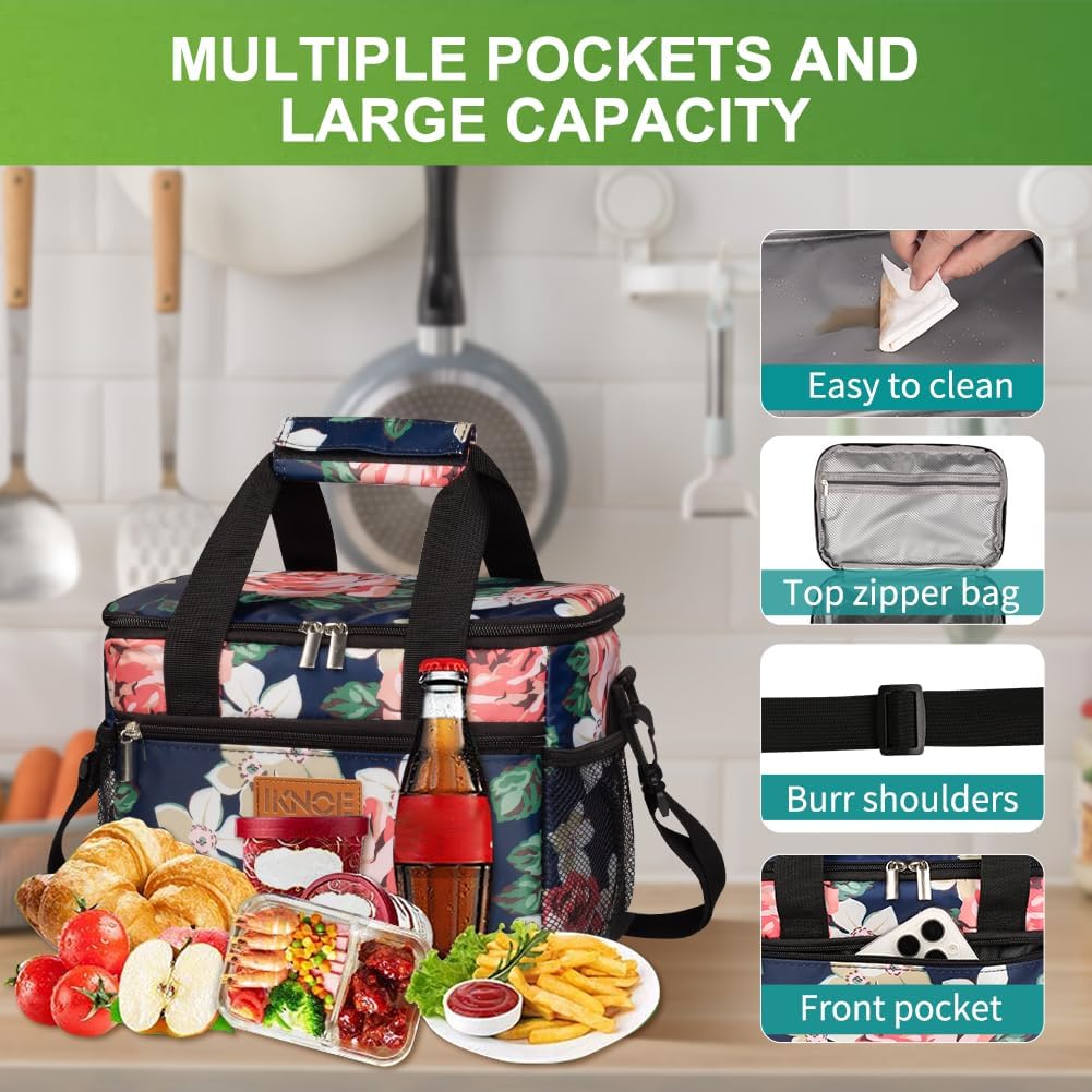 iknoe Large Foldable Cooler Bag, 8.5L Insulated Lunch Bag, Leakproof Lunch Cooler Tote with Multi-Bag Design Suitable for Beach, Picnic and Office Use, Flower 15-Can