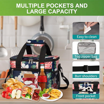 iknoe Large Foldable Cooler Bag, 8.5L Insulated Lunch Bag, Leakproof Lunch Cooler Tote with Multi-Bag Design Suitable for Beach, Picnic and Office Use, Flower 15-Can
